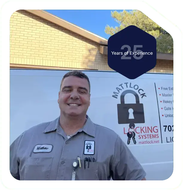 Mattlock locksmith Matthew standing in front of the Mattlock Locking Systems service van in Las Vegas
